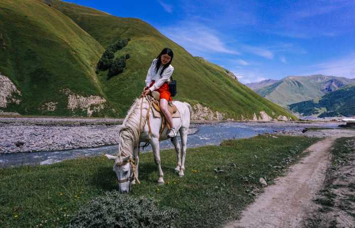 Horse riding tours in Kazbegi, Truso Valley, Caucasus mountains, Georgia country